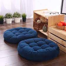 Blue Colour Round Floor Cushions Ball Fiber Filled 1 Pair = 2 pcs Velvet Fabric