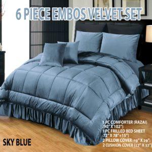 6 PC Bridal Embossed Velvet Frill Duvet ( Razai) Set ππ Sky Blue Colour