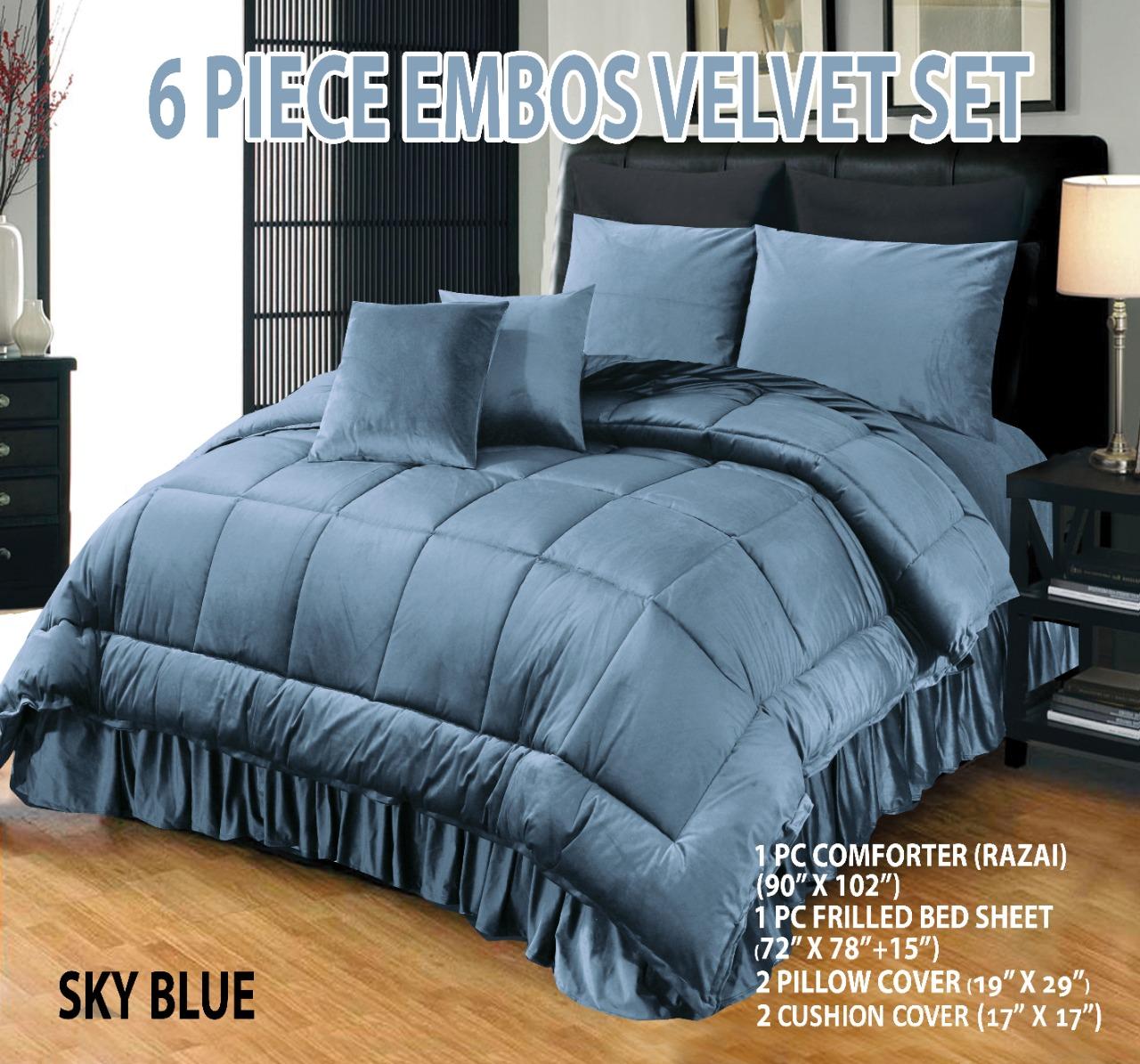 6 PC Bridal Embossed Velvet Frill Duvet ( Razai) Set 🎉🎉 Sky Blue Colour